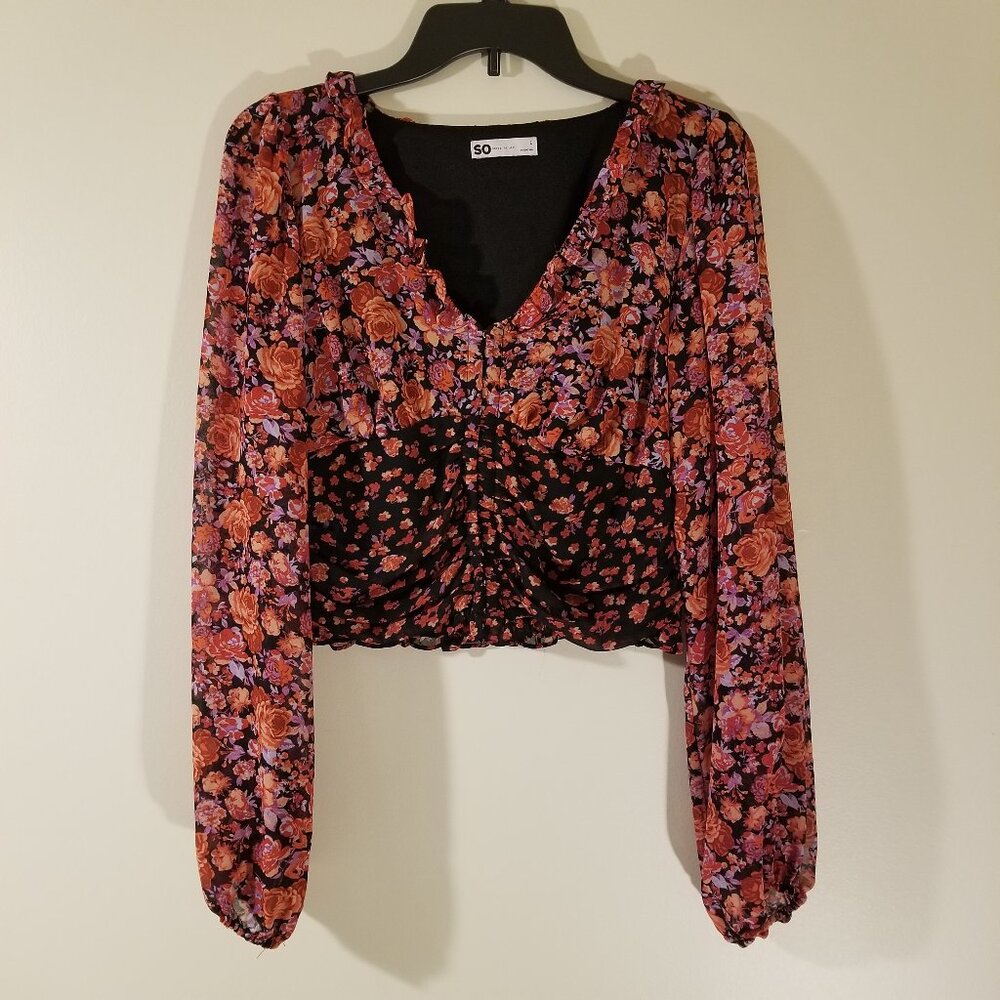 SO Long Sleeve Pink Floral Crop Top
